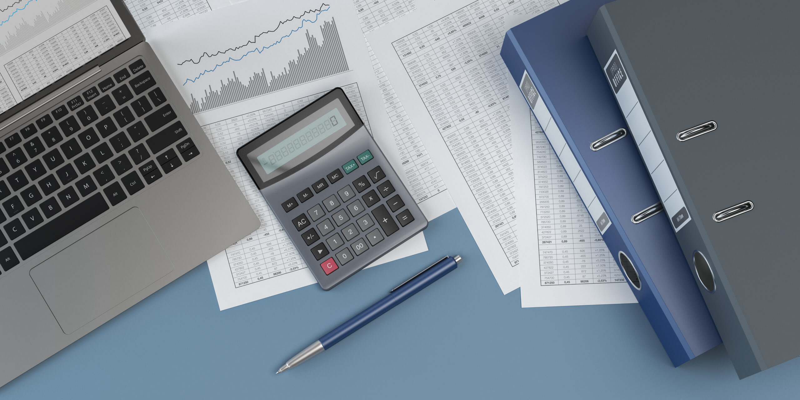 Accounting, laptop, pen and calculator